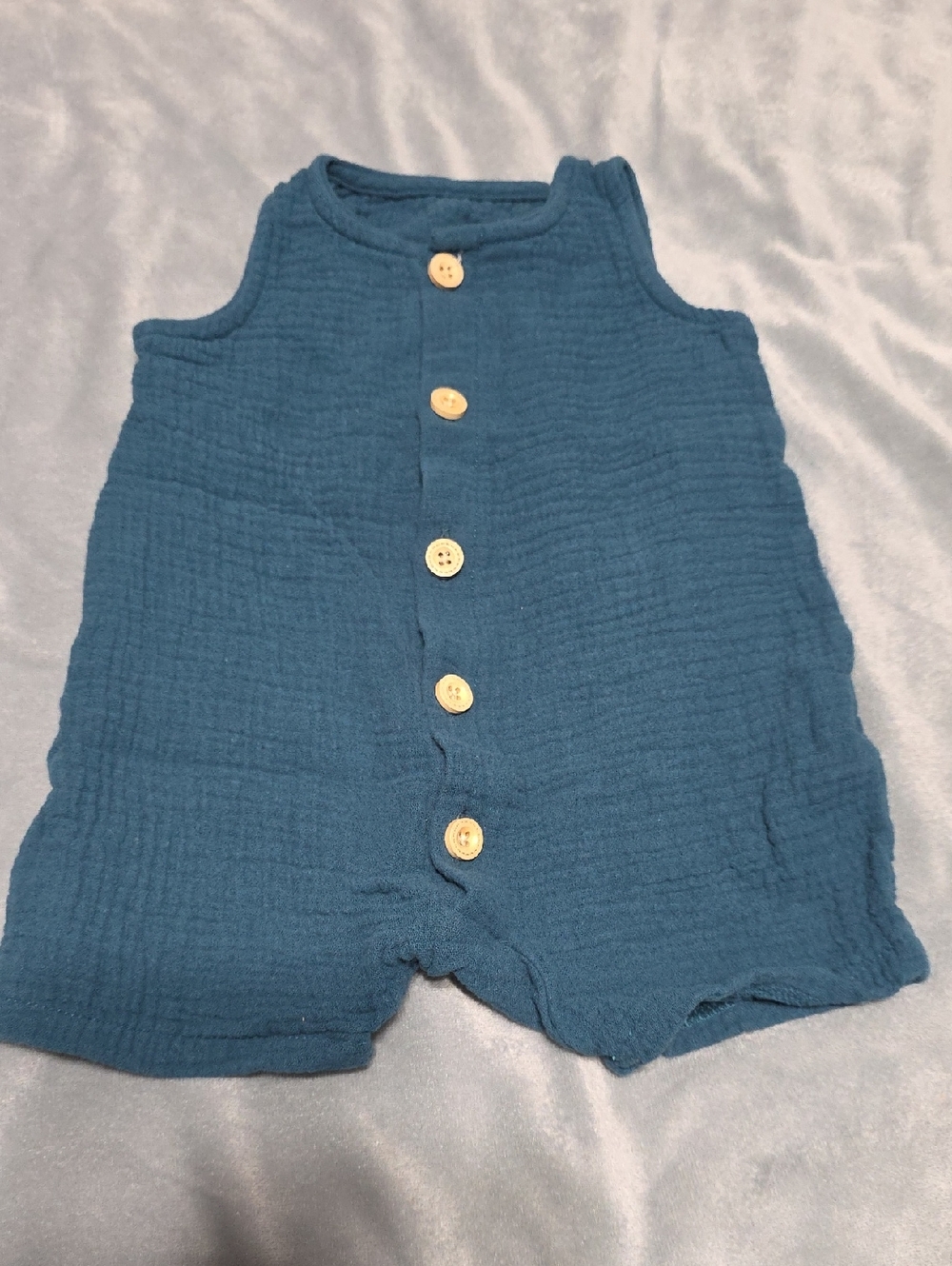 Teal Blue Baby Gauze Button Romper